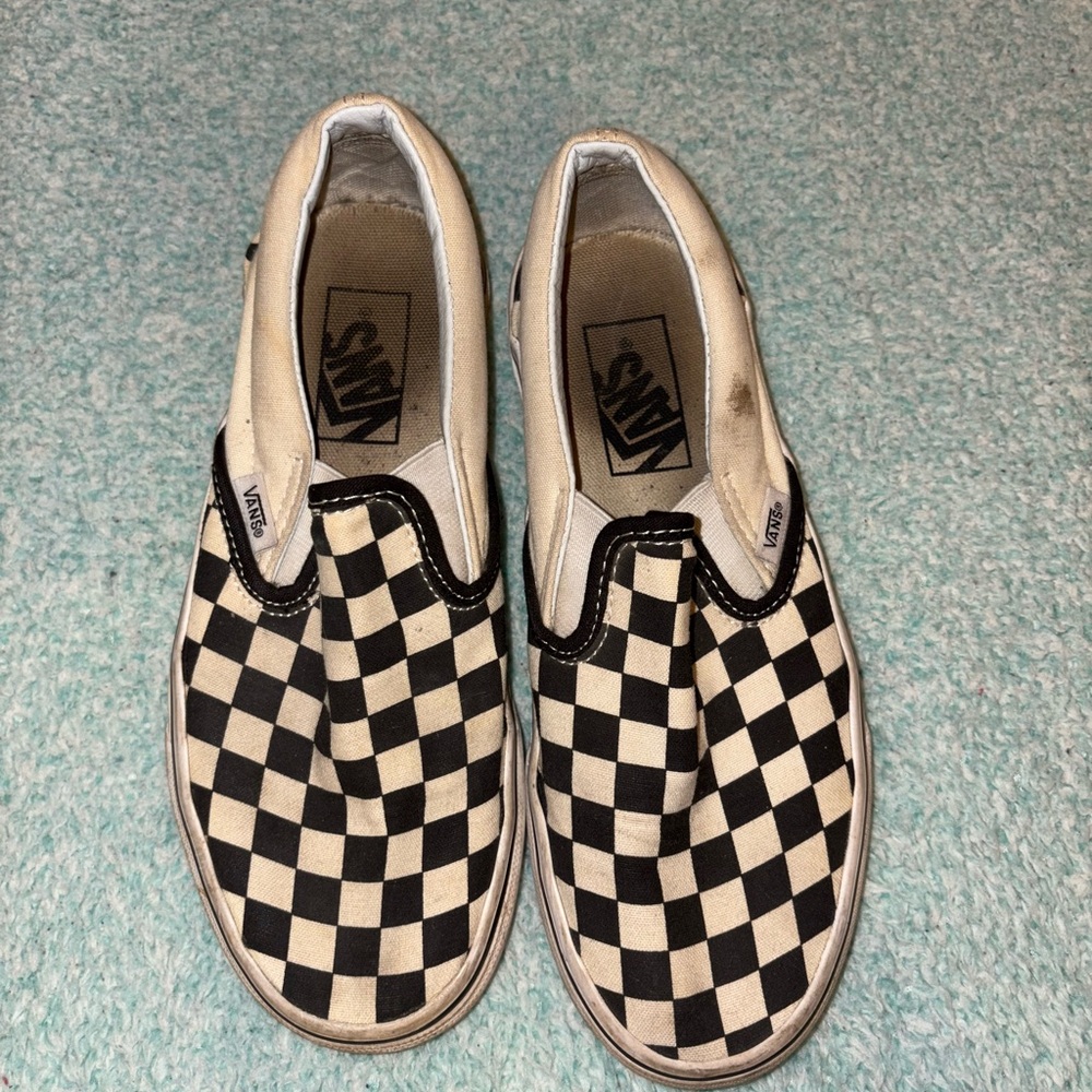 Vans Women’s Checkered Slip-On Shoes - Black and White- Very Worn